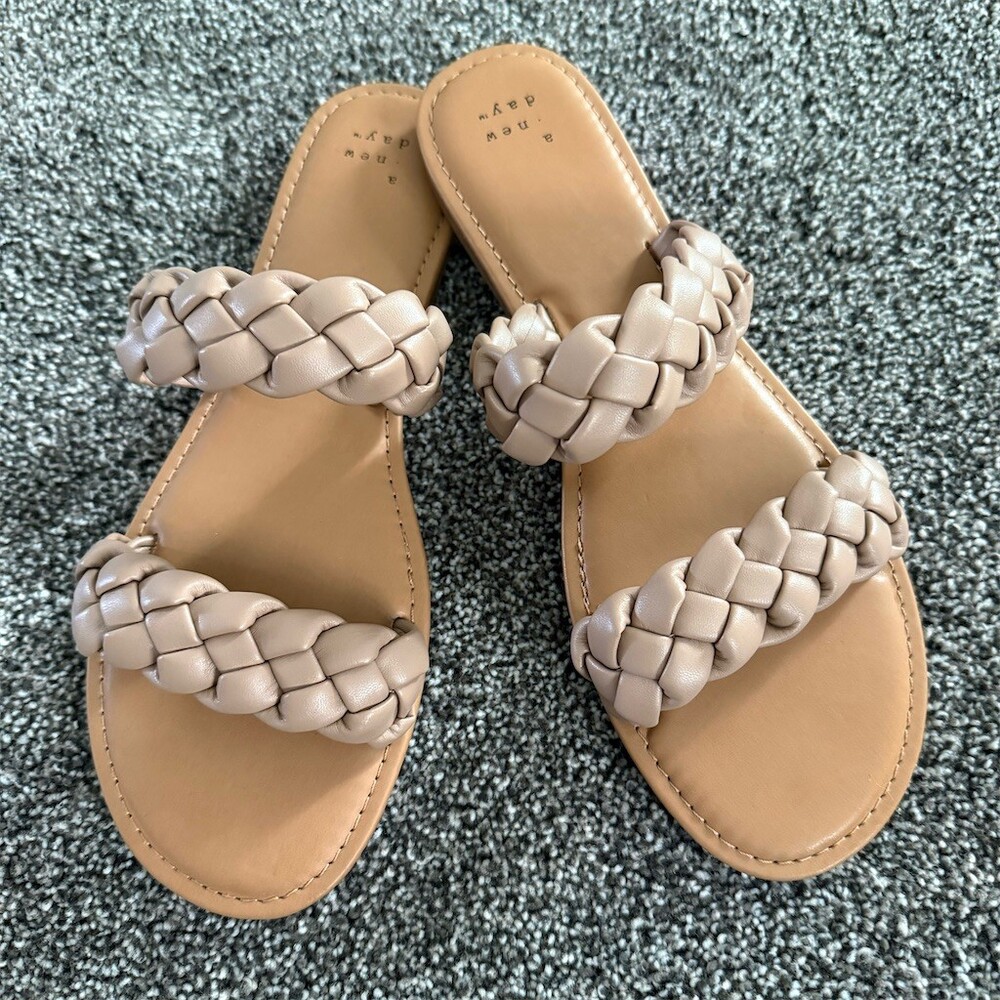 A Like New Day Lucy Slide Sandals Womens Size 10 Beige Braided Double Strap